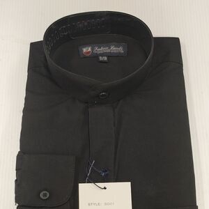 MEN'S FORTINO LANDI BLACK BANDED COLLAR DRESS SHIRT. REGULAR FIT.